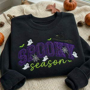 Spooky Season Glitter Applique Kids Sweatshirt - Embroidered Halloween Black Cat & Bat Sweater, Autumn Gift