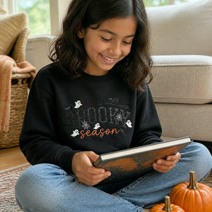 Spooky Season Glitter Applique Kids Sweatshirt - Embroidered Halloween Black Cat & Bat Sweater, Autumn Gift