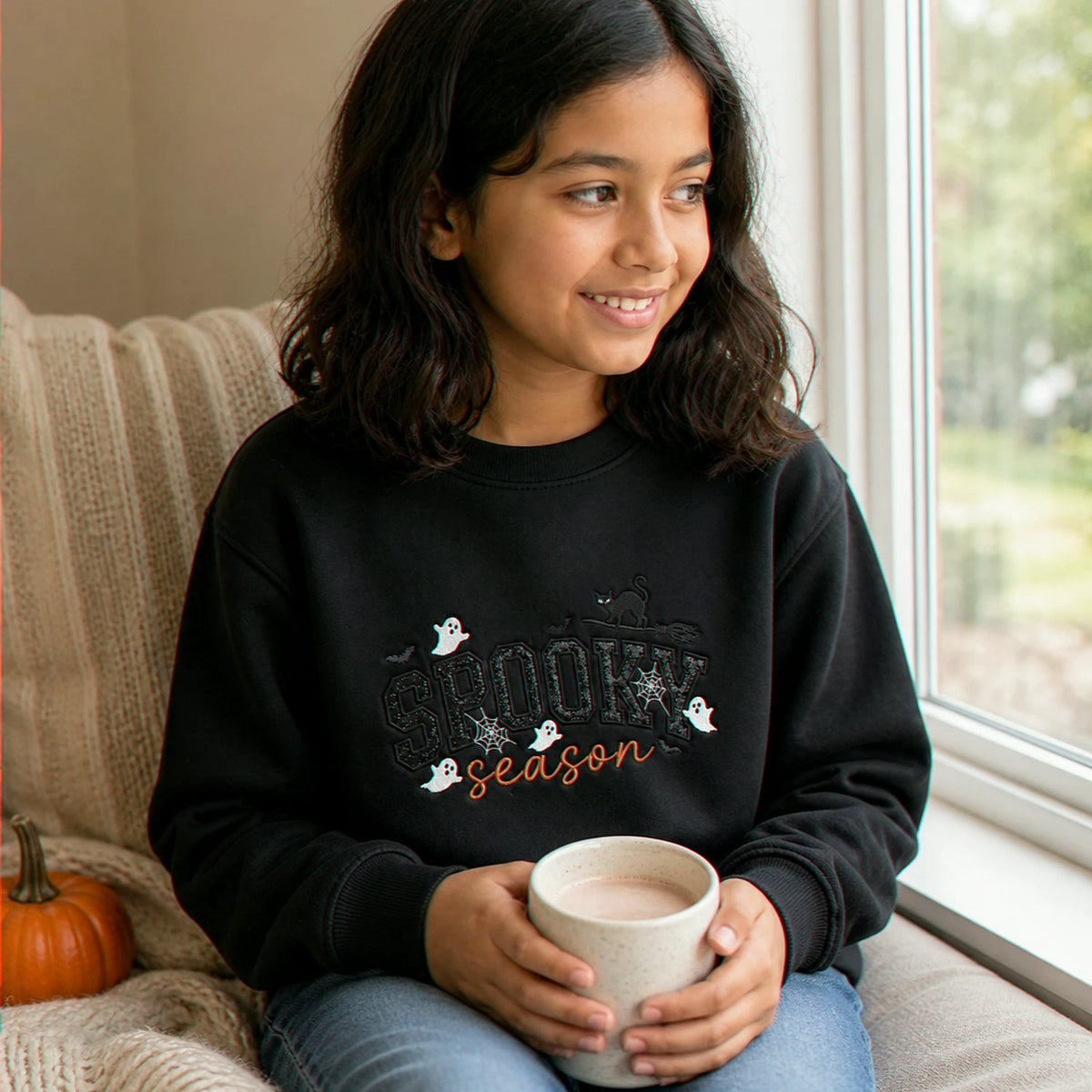 Spooky Season Glitter Applique Kids Sweatshirt - Embroidered Halloween Black Cat & Bat Sweater, Autumn Gift