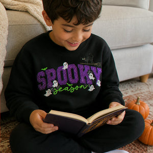 Spooky Season Glitter Applique Kids Sweatshirt - Embroidered Halloween Black Cat & Bat Sweater, Autumn Gift