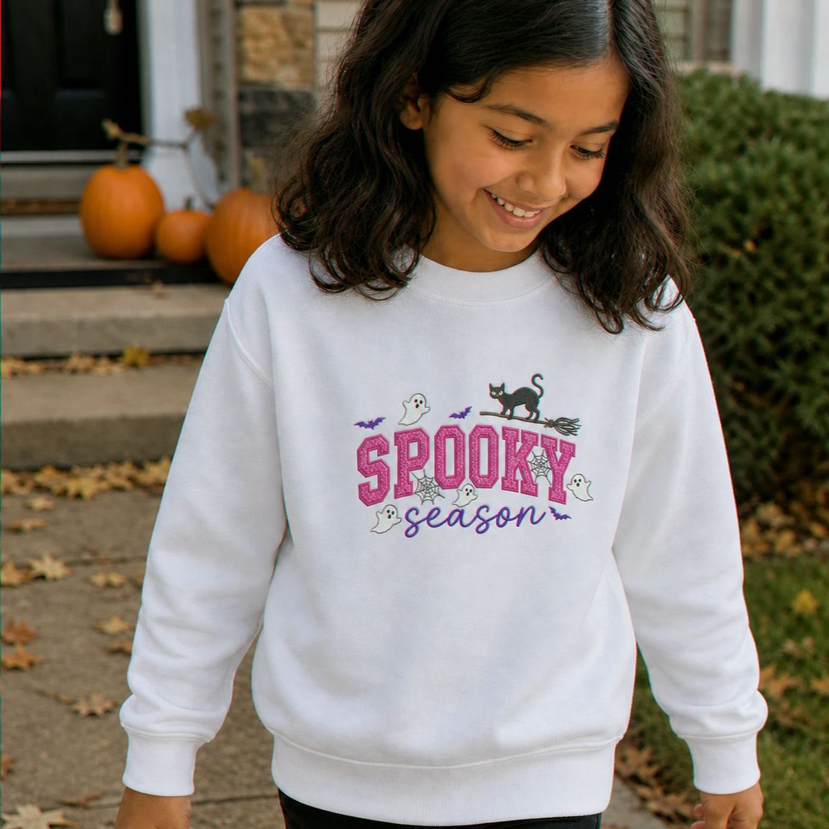 Spooky Season Glitter Applique Kids Sweatshirt - Embroidered Halloween Black Cat & Bat Sweater, Autumn Gift