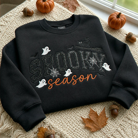 Spooky Season Glitter Applique Kids Sweatshirt - Embroidered Halloween Black Cat & Bat Sweater, Autumn Gift
