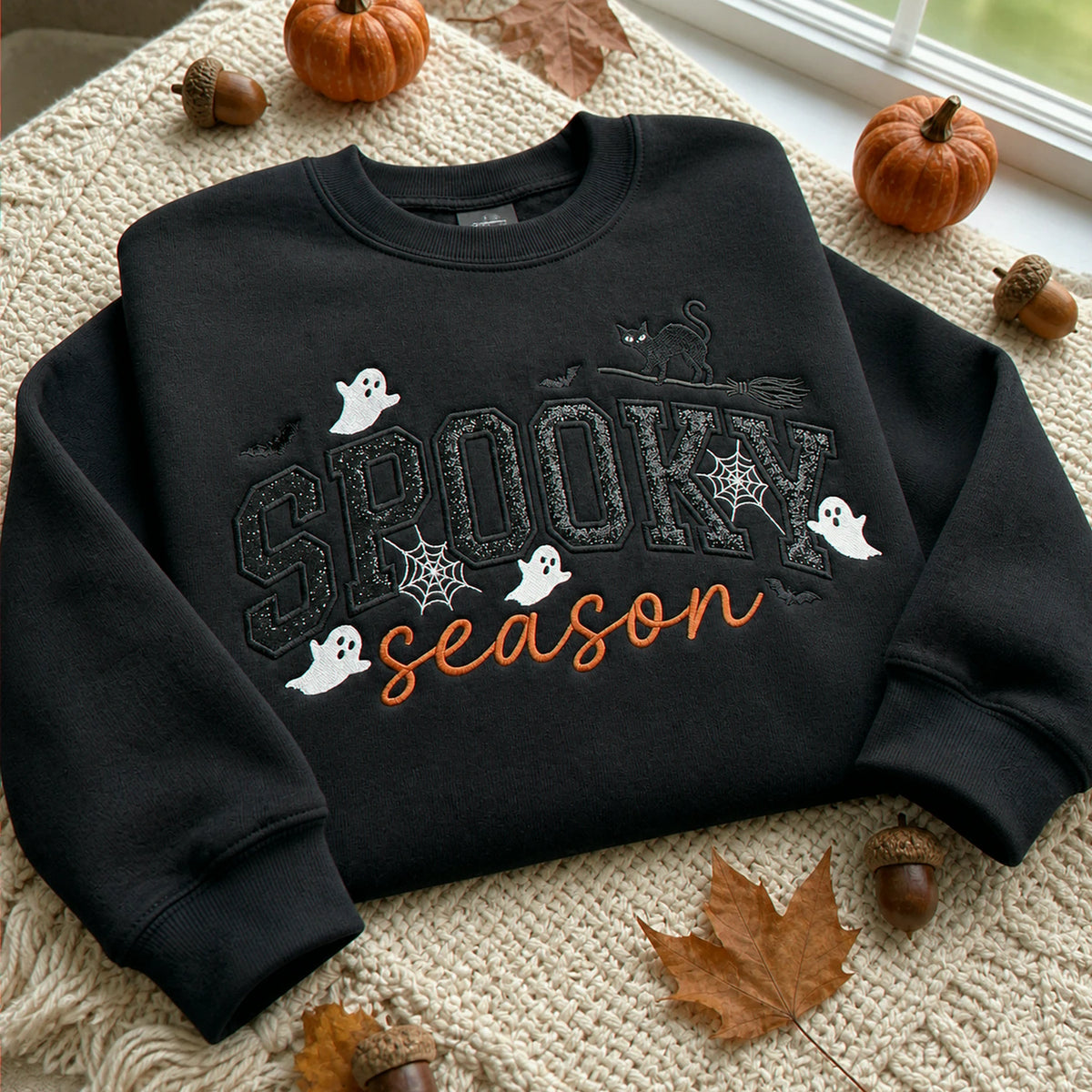 Spooky Season Glitter Applique Kids Sweatshirt - Embroidered Halloween Black Cat & Bat Sweater, Autumn Gift
