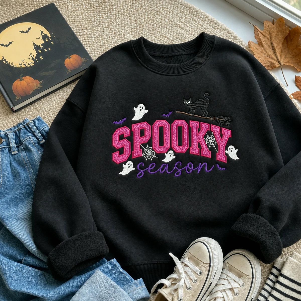 Spooky Season Glitter Applique Kids Sweatshirt - Embroidered Halloween Black Cat & Bat Sweater, Autumn Gift