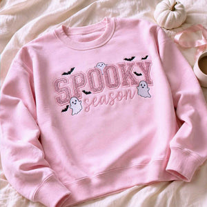 Spooky Season Glitter Halloween Sweatshirt, Embroidered Ghost Bat Crewneck, Cute Fall Gift for Her