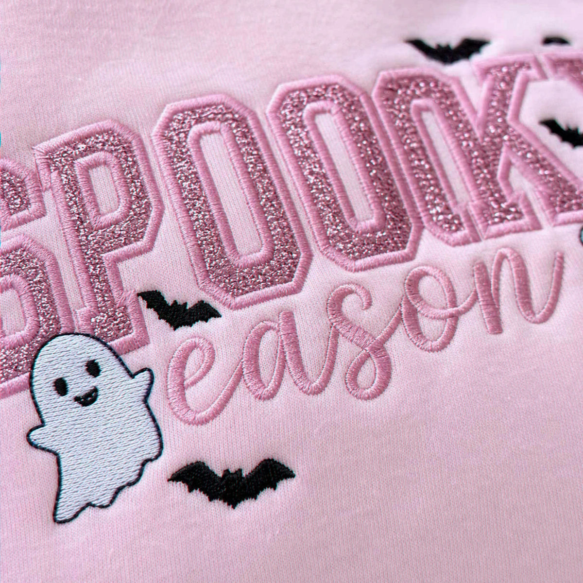 Spooky Season Glitter Halloween Sweatshirt, Embroidered Ghost Bat Crewneck, Cute Fall Gift for Her