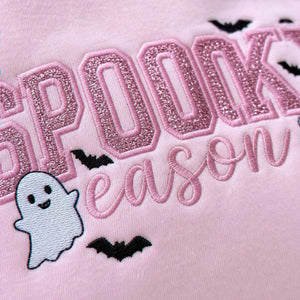 Spooky Season Glitter Halloween Sweatshirt, Embroidered Ghost Bat Crewneck, Cute Fall Gift for Her