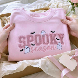 Spooky Season Glitter Halloween Sweatshirt, Embroidered Ghost Bat Crewneck, Cute Fall Gift for Her