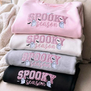 Spooky Season Glitter Halloween Sweatshirt, Embroidered Ghost Bat Crewneck, Cute Fall Gift for Her