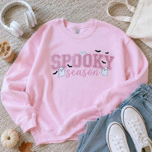 Spooky Season Glitter Halloween Sweatshirt, Embroidered Ghost Bat Crewneck, Cute Fall Gift for Her