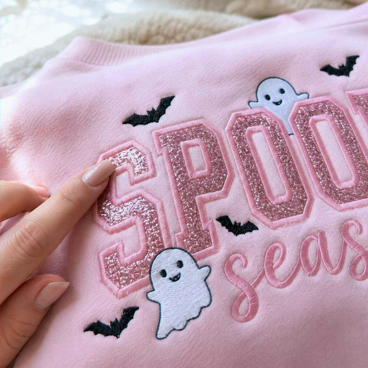 Spooky Season Glitter Halloween Sweatshirt, Embroidered Ghost Bat Crewneck, Cute Fall Gift for Her