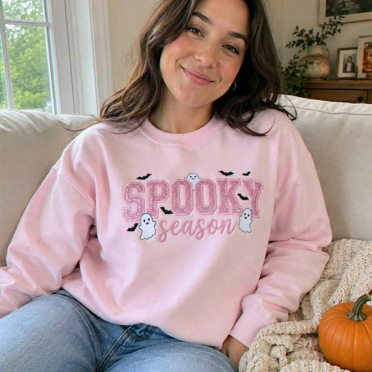 Spooky Season Glitter Halloween Sweatshirt, Embroidered Ghost Bat Crewneck, Cute Fall Gift for Her