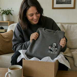 Stay Alive Coffee Sweatshirt, Embroidered Funny Skeleton Crewneck Halloween Hoodie for Coffee Lovers Gift