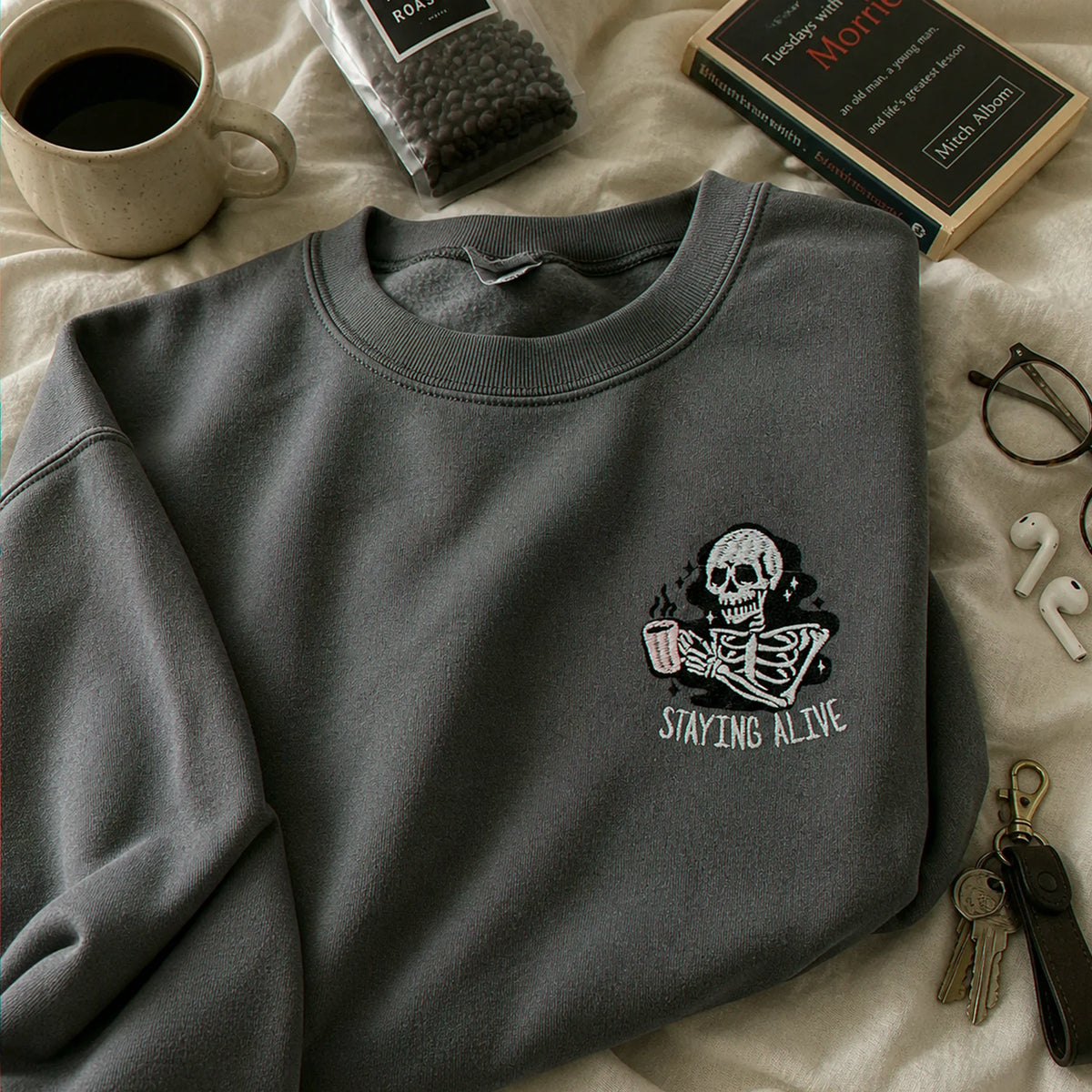 Stay Alive Coffee Sweatshirt, Embroidered Funny Skeleton Crewneck Halloween Hoodie for Coffee Lovers Gift