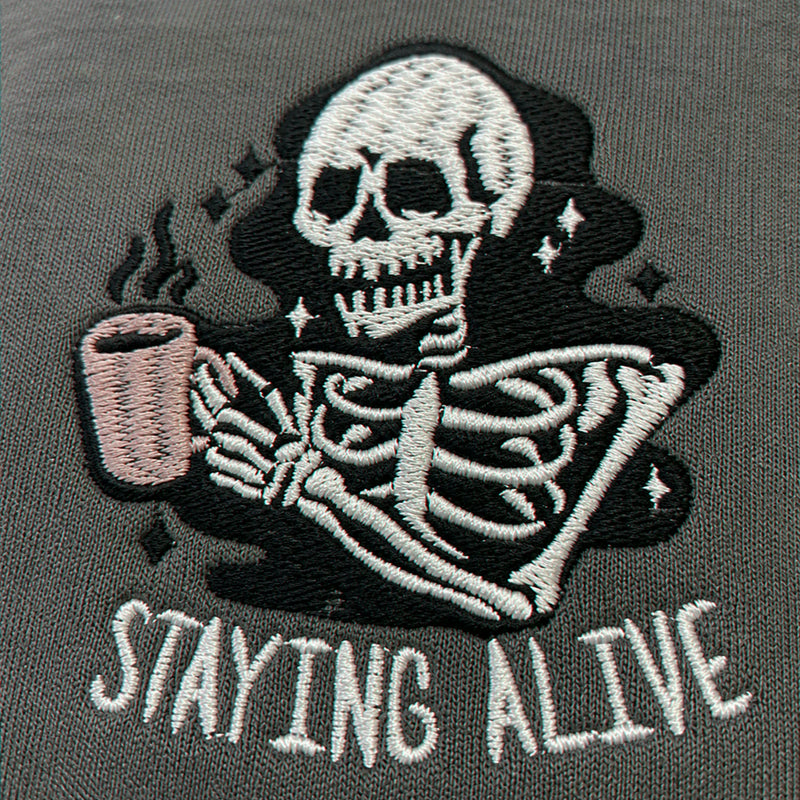 Stay Alive Coffee Sweatshirt, Embroidered Funny Skeleton Crewneck Halloween Hoodie for Coffee Lovers Gift