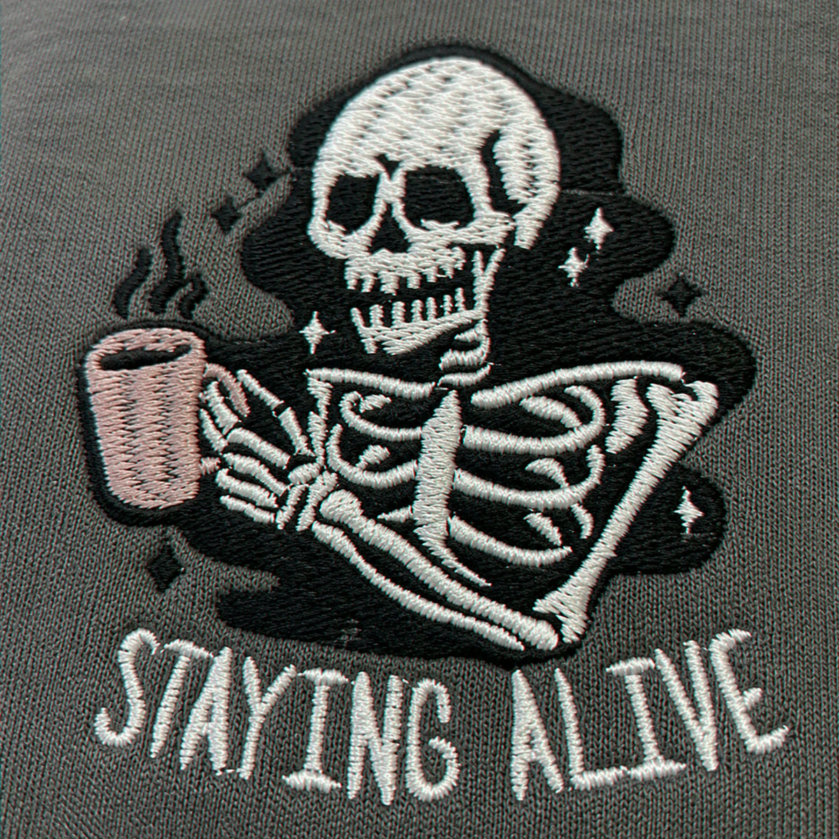 Stay Alive Coffee Sweatshirt, Embroidered Funny Skeleton Crewneck Halloween Hoodie for Coffee Lovers Gift