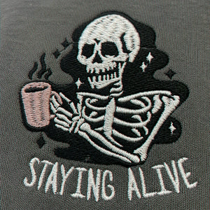 Stay Alive Coffee Sweatshirt, Embroidered Funny Skeleton Crewneck Halloween Hoodie for Coffee Lovers Gift