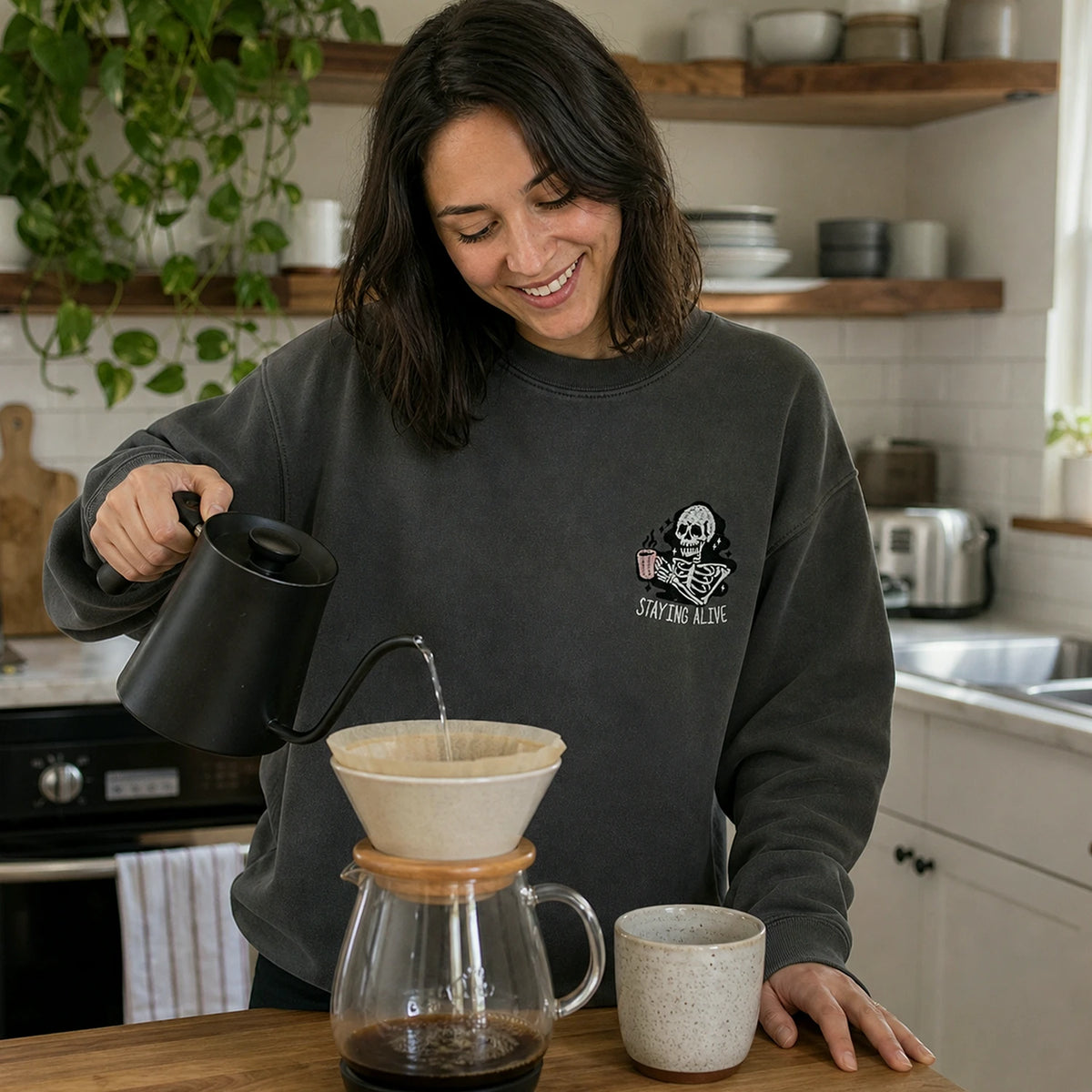 Stay Alive Coffee Sweatshirt, Embroidered Funny Skeleton Crewneck Halloween Hoodie for Coffee Lovers Gift