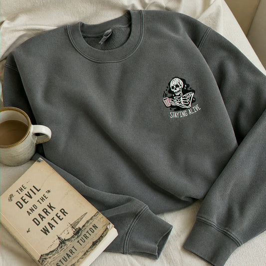 Stay Alive Coffee Sweatshirt, Embroidered Funny Skeleton Crewneck Halloween Hoodie for Coffee Lovers Gift