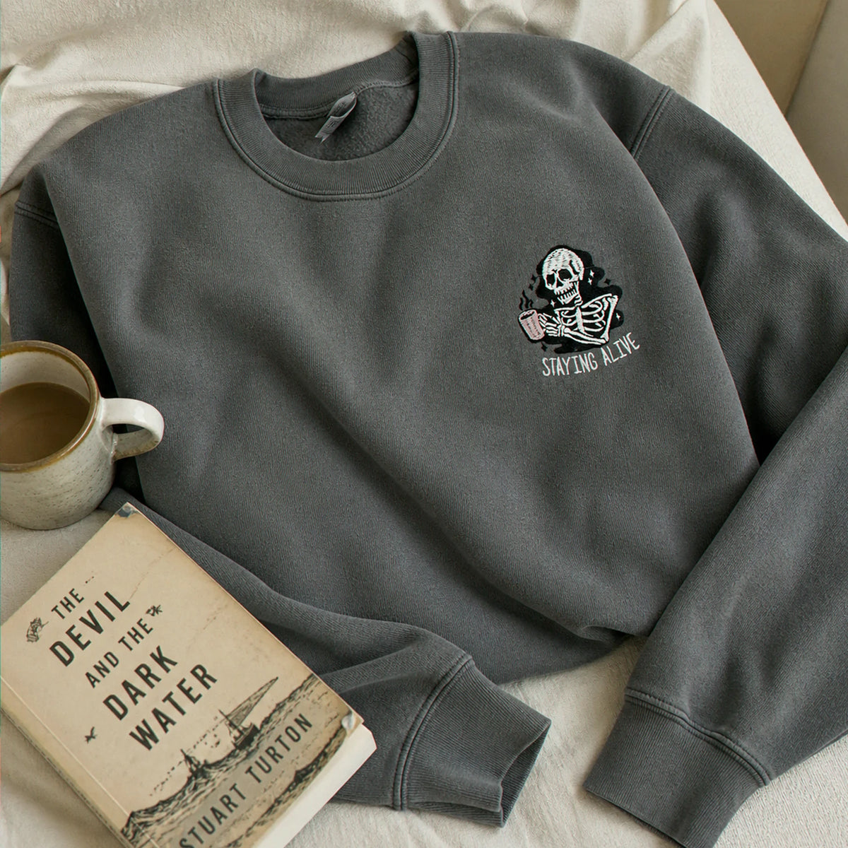 Stay Alive Coffee Sweatshirt, Embroidered Funny Skeleton Crewneck Halloween Hoodie for Coffee Lovers Gift