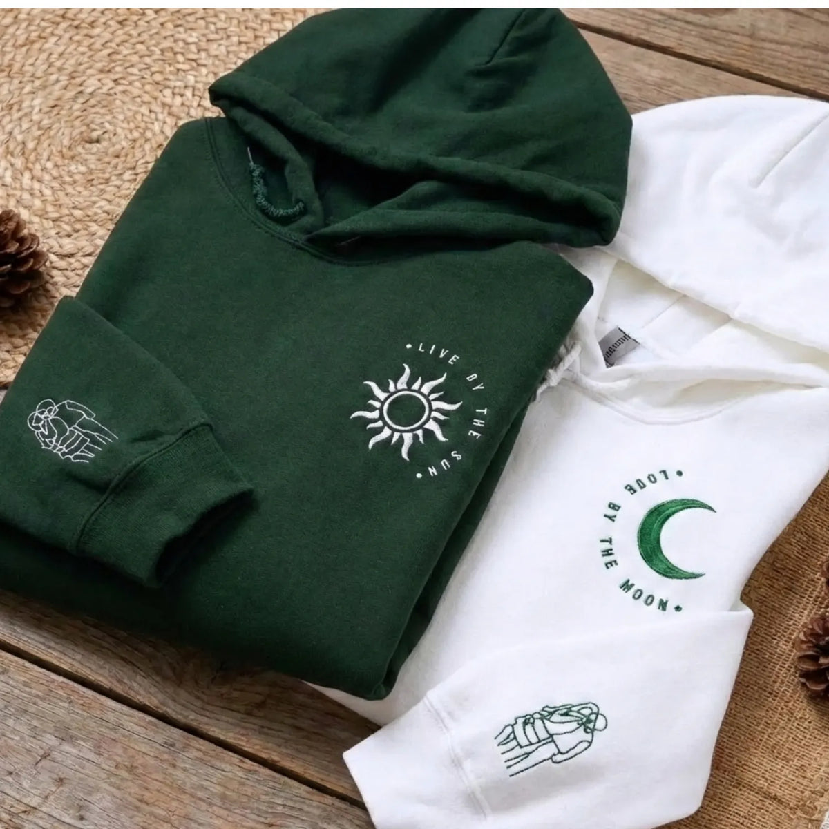 Couple Embroidered Matching Sun and Moon Sweatshirt or Hoodie with Portrait from Photo on Sleeve, His and Hers Gifts