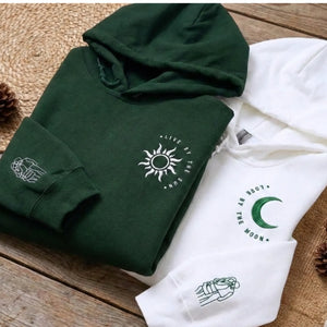 Couple Embroidered Matching Sun and Moon Sweatshirt or Hoodie with Portrait from Photo on Sleeve, His and Hers Gifts