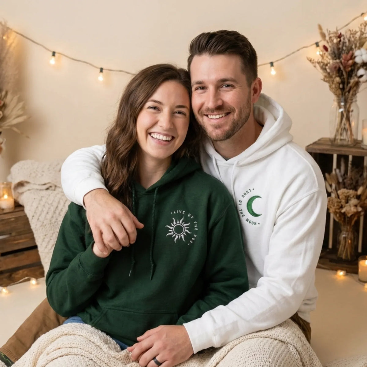 Couple Embroidered Matching Sun and Moon Sweatshirt or Hoodie with Portrait from Photo on Sleeve, His and Hers Gifts