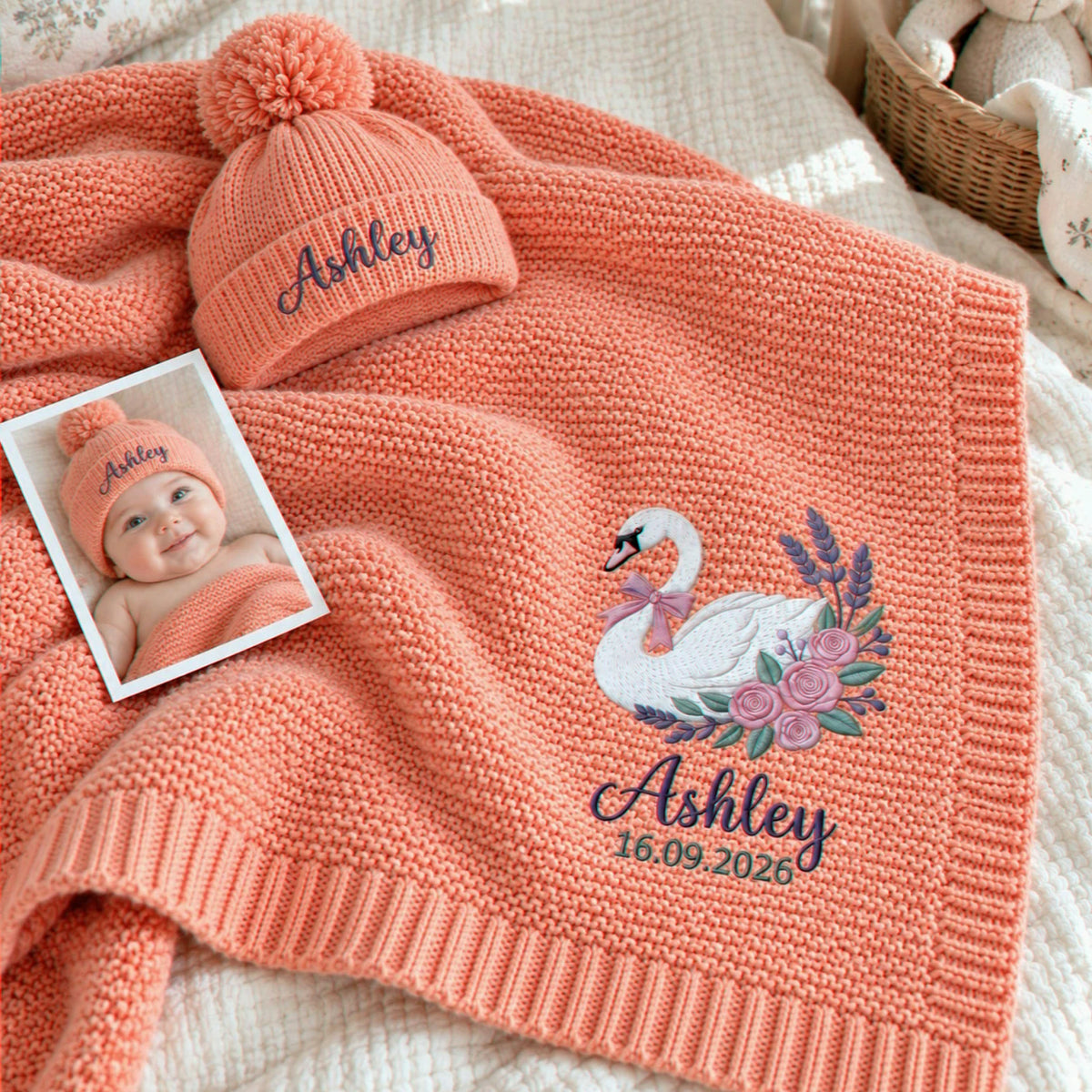 Custom Swan Baby Name Blanket, Embroidered Floral Knitted Baby Blanket, Best Friend Baby Shower Gift for Girl