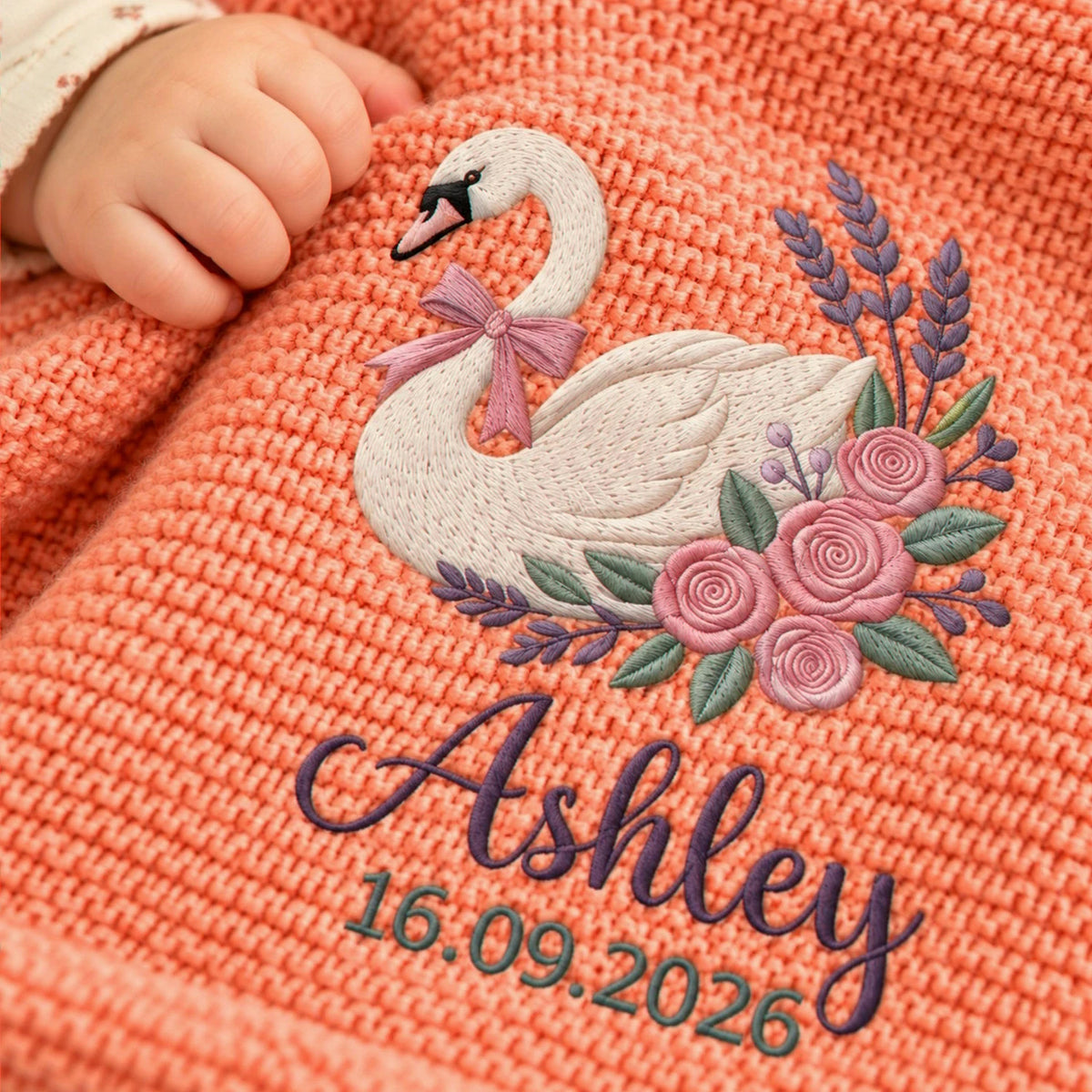 Custom Swan Baby Name Blanket, Embroidered Floral Knitted Baby Blanket, Best Friend Baby Shower Gift for Girl