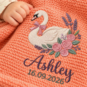 Custom Swan Baby Name Blanket, Embroidered Floral Knitted Baby Blanket, Best Friend Baby Shower Gift for Girl
