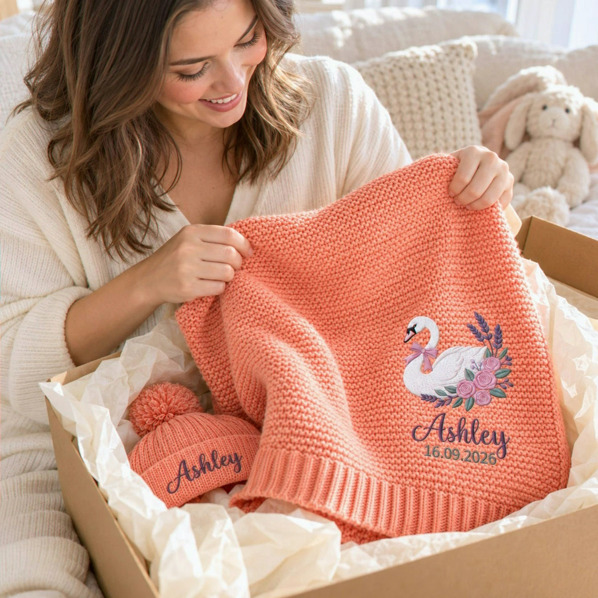 Custom Swan Baby Name Blanket, Embroidered Floral Knitted Baby Blanket, Best Friend Baby Shower Gift for Girl