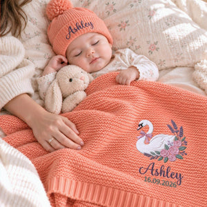 Custom Swan Baby Name Blanket, Embroidered Floral Knitted Baby Blanket, Best Friend Baby Shower Gift for Girl