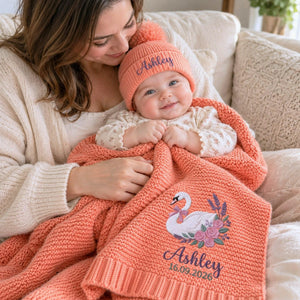Custom Swan Baby Name Blanket, Embroidered Floral Knitted Baby Blanket, Best Friend Baby Shower Gift for Girl