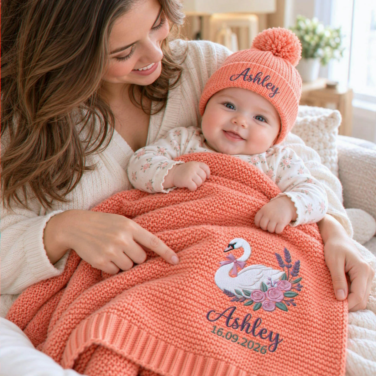 Custom Swan Baby Name Blanket, Embroidered Floral Knitted Baby Blanket, Best Friend Baby Shower Gift for Girl