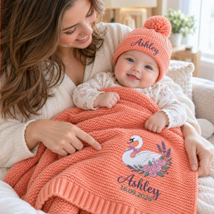 Custom Swan Baby Name Blanket, Embroidered Floral Knitted Baby Blanket, Best Friend Baby Shower Gift for Girl
