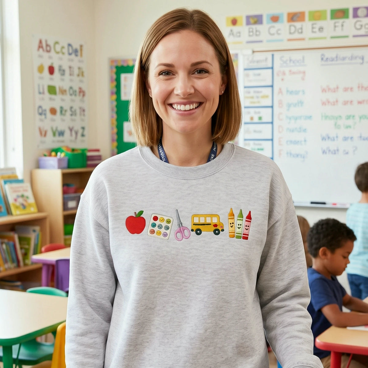 Apple Teacher Embroidered Sweatshirt, Back to School Classroom Gift for Teachers
