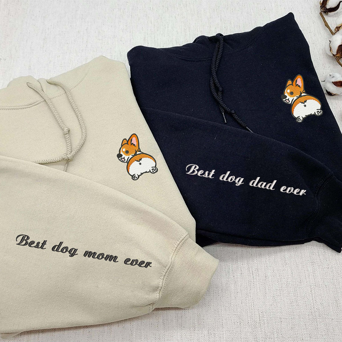 Custom Matching Couple Hoodie, Cartoon Embroidered Corgi Hoodie, Gift For Dog Mom Dog Dad