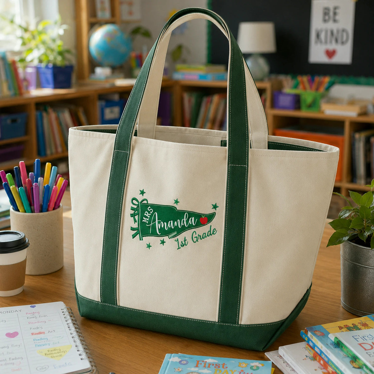 Personalized Teacher Flag Tote Bag with Embroidered Name and Grade