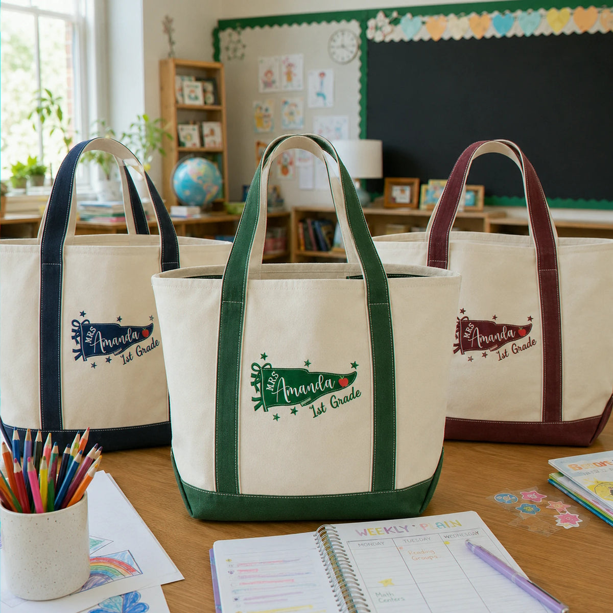 Personalized Teacher Flag Tote Bag with Embroidered Name and Grade
