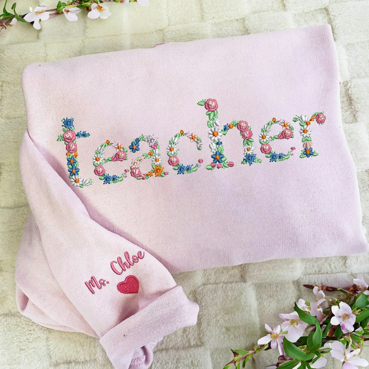 New Teacher Sweatshirt with Embroidered Floral Retro Style - 1st Grade Teacher Back To School Gift