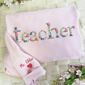 New Teacher Sweatshirt with Embroidered Floral Retro Style - 1st Grade Teacher Back To School Gift