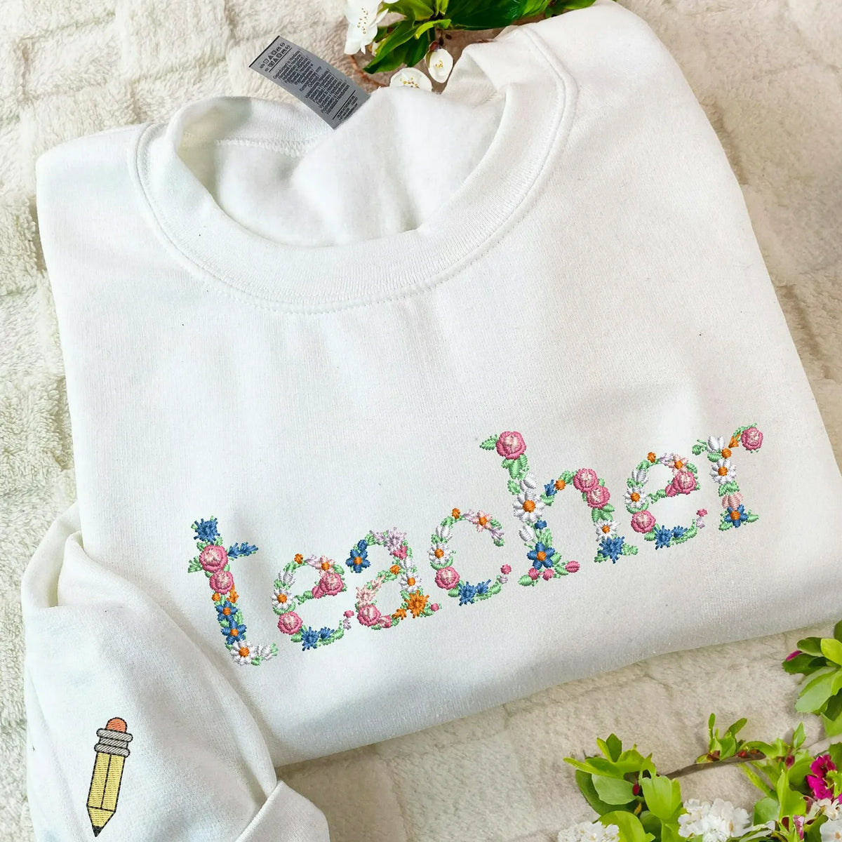 New Teacher Sweatshirt with Embroidered Floral Retro Style - 1st Grade Teacher Back To School Gift