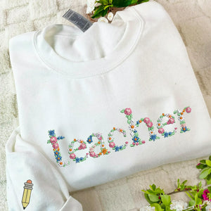 New Teacher Sweatshirt with Embroidered Floral Retro Style - 1st Grade Teacher Back To School Gift