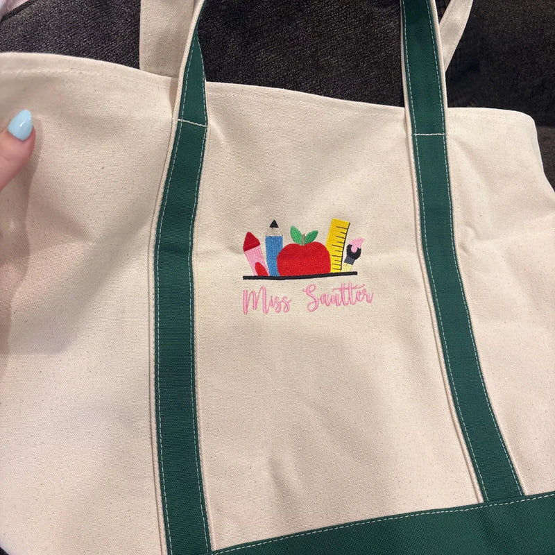 Embroidered Birthday Teacher Tote Bag - Personalized Name, Boho Apple Pencil Icon