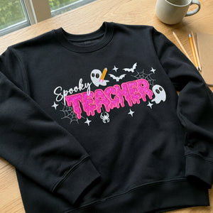 Spooky Teacher Applique Glitter Halloween Sweatshirt, Embroidered Funny Teach Crewneck, Teacher Gift