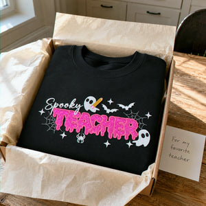 Spooky Teacher Applique Glitter Halloween Sweatshirt, Embroidered Funny Teach Crewneck, Teacher Gift