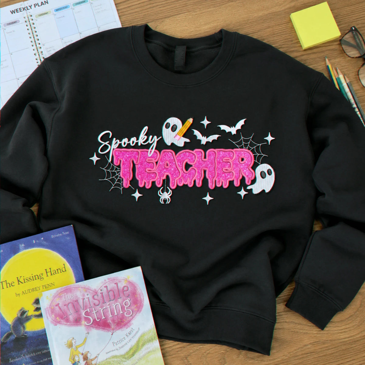 Spooky Teacher Applique Glitter Halloween Sweatshirt, Embroidered Funny Teach Crewneck, Teacher Gift