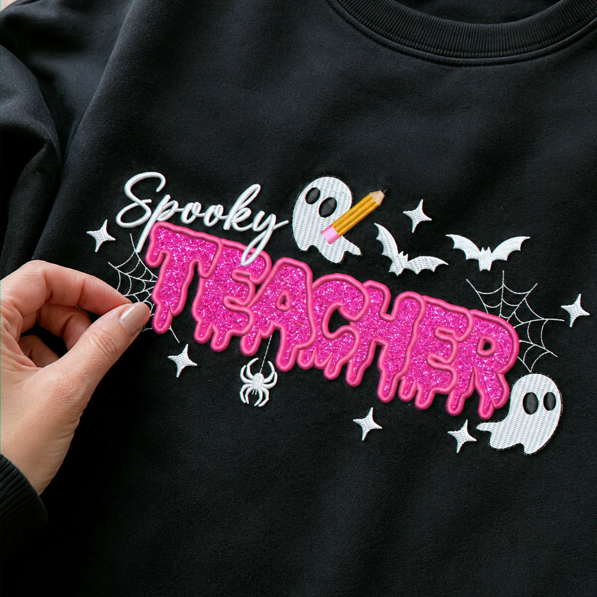 Spooky Teacher Applique Glitter Halloween Sweatshirt, Embroidered Funny Teach Crewneck, Teacher Gift