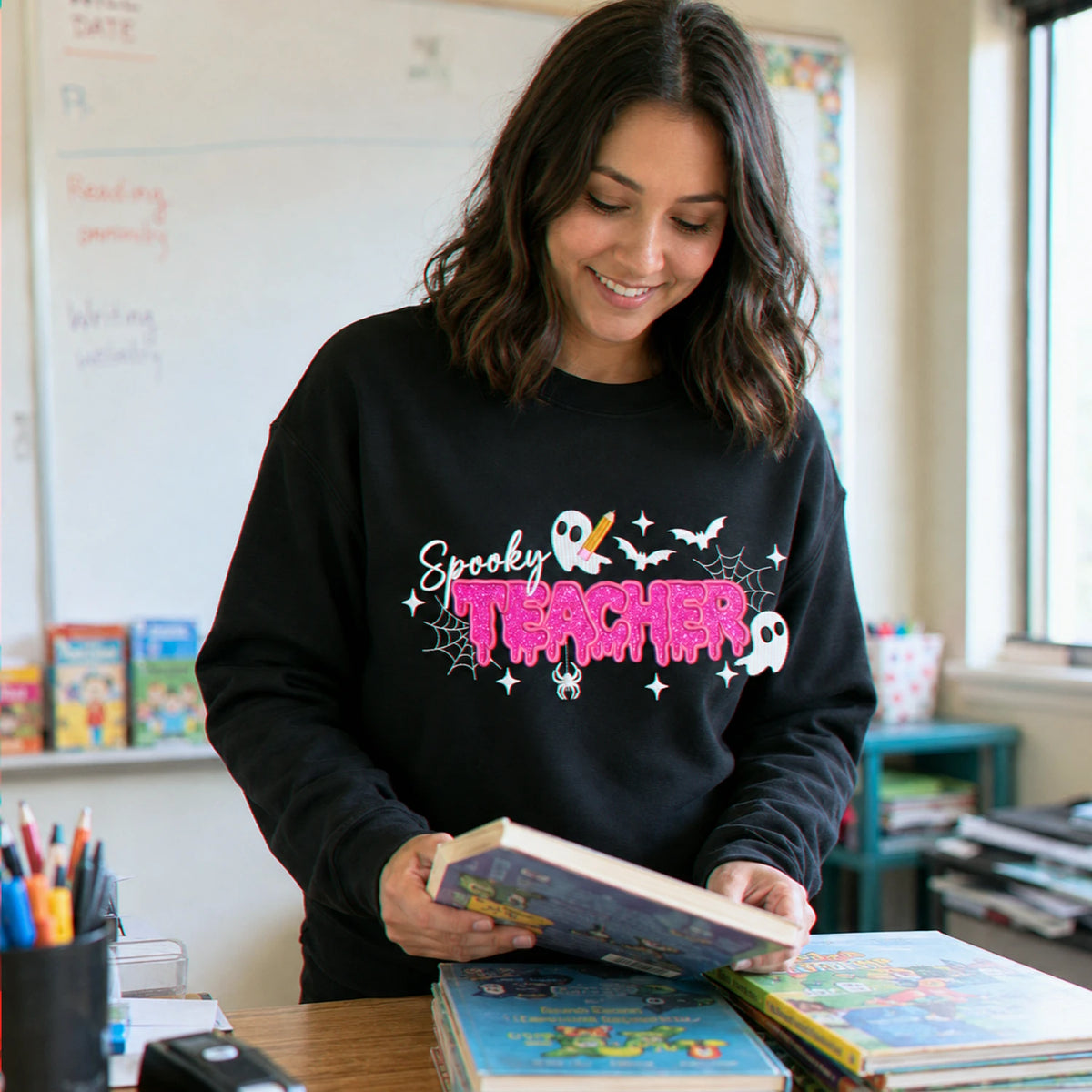 Spooky Teacher Applique Glitter Halloween Sweatshirt, Embroidered Funny Teach Crewneck, Teacher Gift