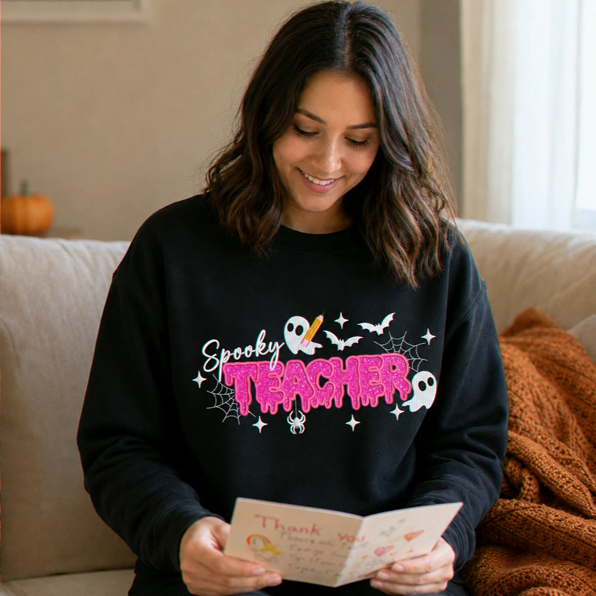 Spooky Teacher Applique Glitter Halloween Sweatshirt, Embroidered Funny Teach Crewneck, Teacher Gift